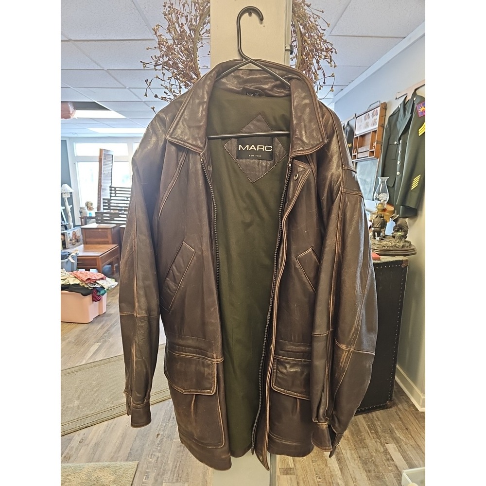 Marc New York Mens Brown Leather Bomber Jacket Distressed Aviator Coat Medium
